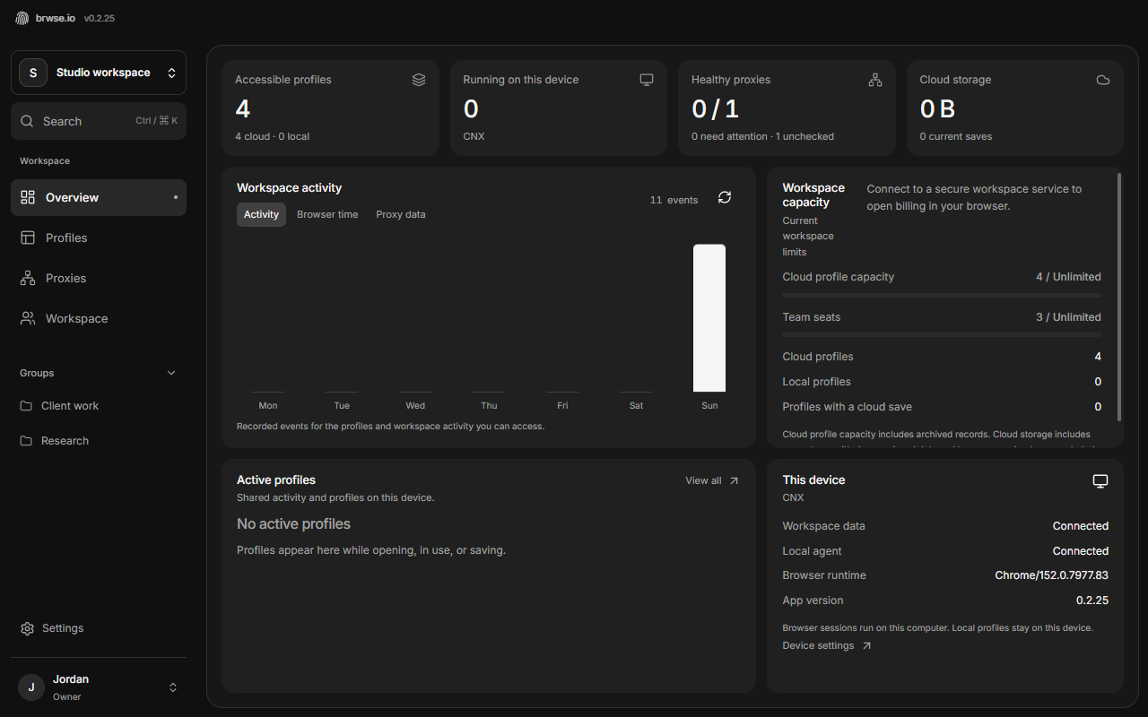 The brwse.io overview showing profile counts, workspace activity, and team capacity