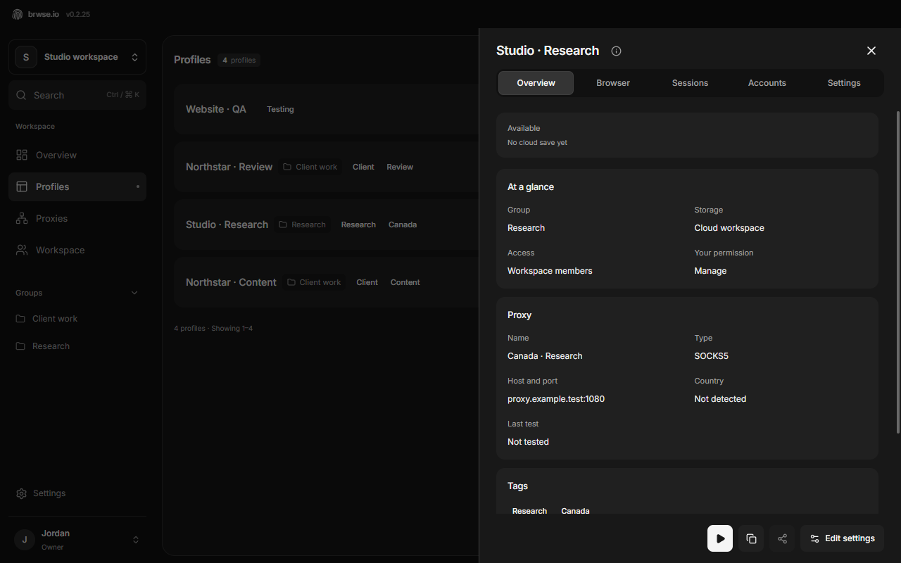 A brwse.io profile detail panel showing group access, tags, and tabs for browser settings